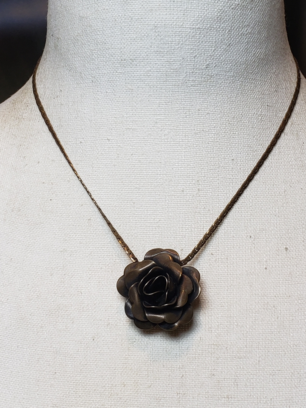 Vintage Bronze Rose Pendant Necklace